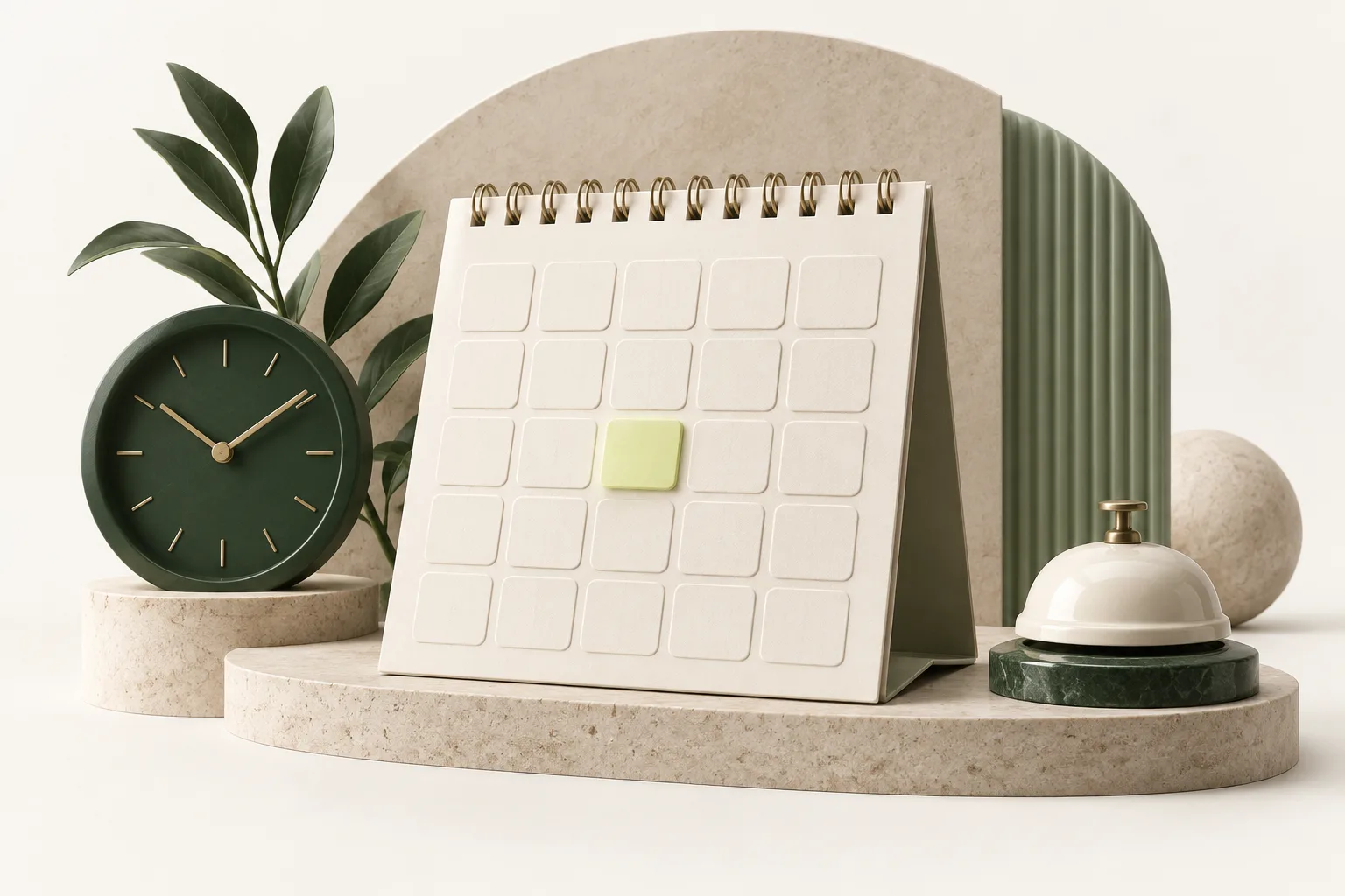 A sculptural desk calendar, clock, and service bell representing an appointment.